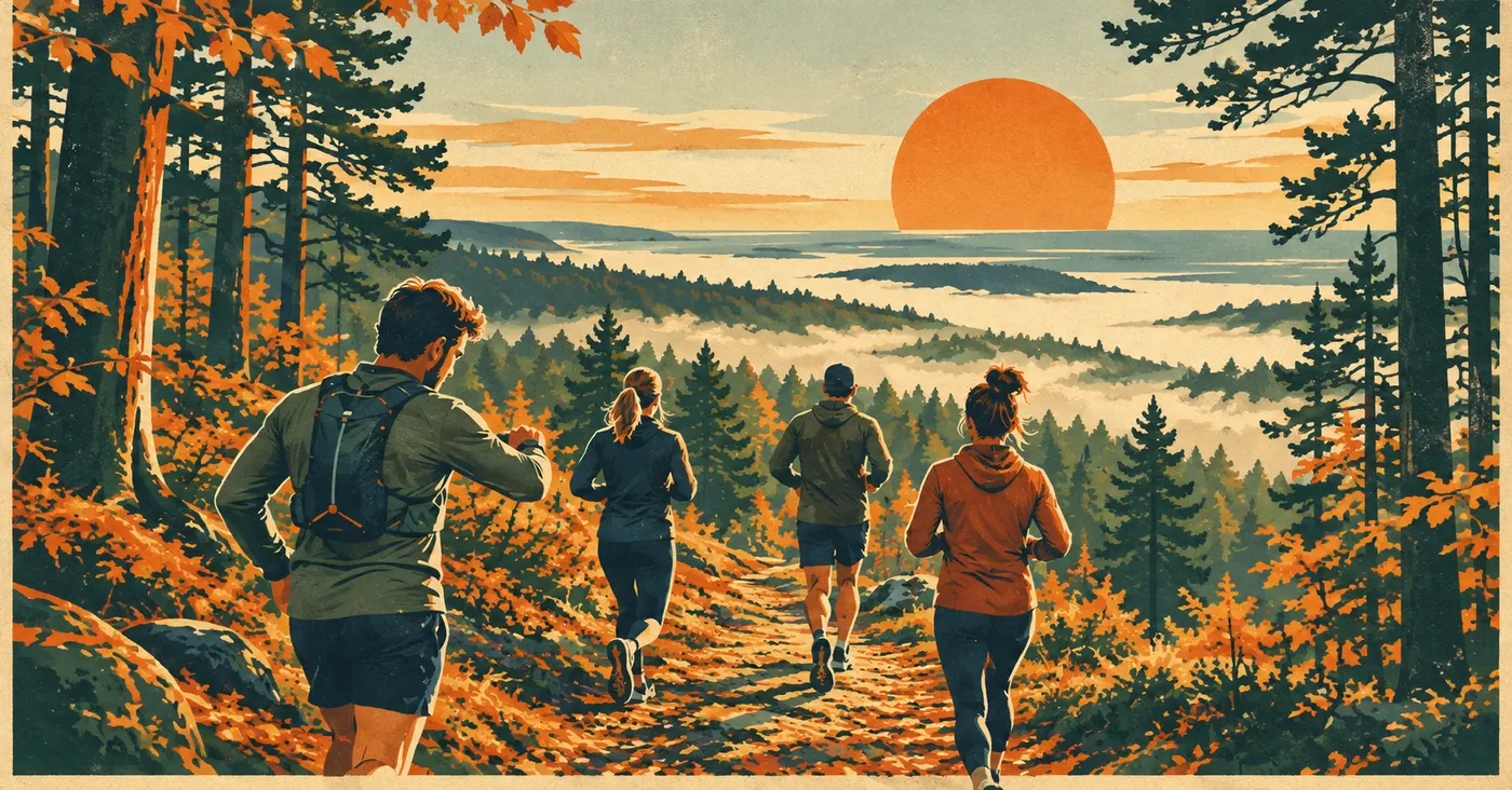 Ilustracja: czworo biegaczy zbiega leśną ścieżką w dolinę pełną mgły, w tle wschodzące słońce